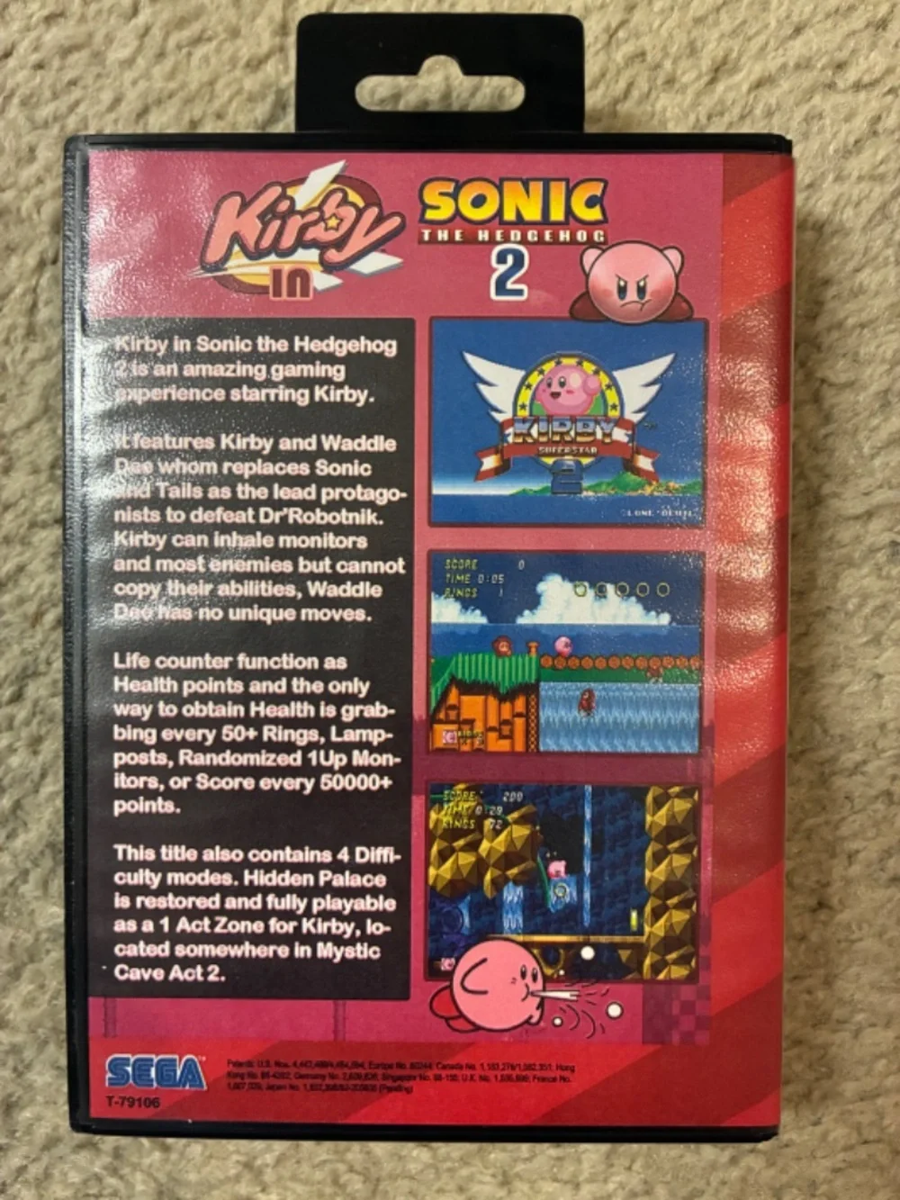 KIRBY IN SONIC THE HEDGEHOG 2 SEGA GENESIS ROMHACK FANMADE HOME-BREW GAME + BOX
